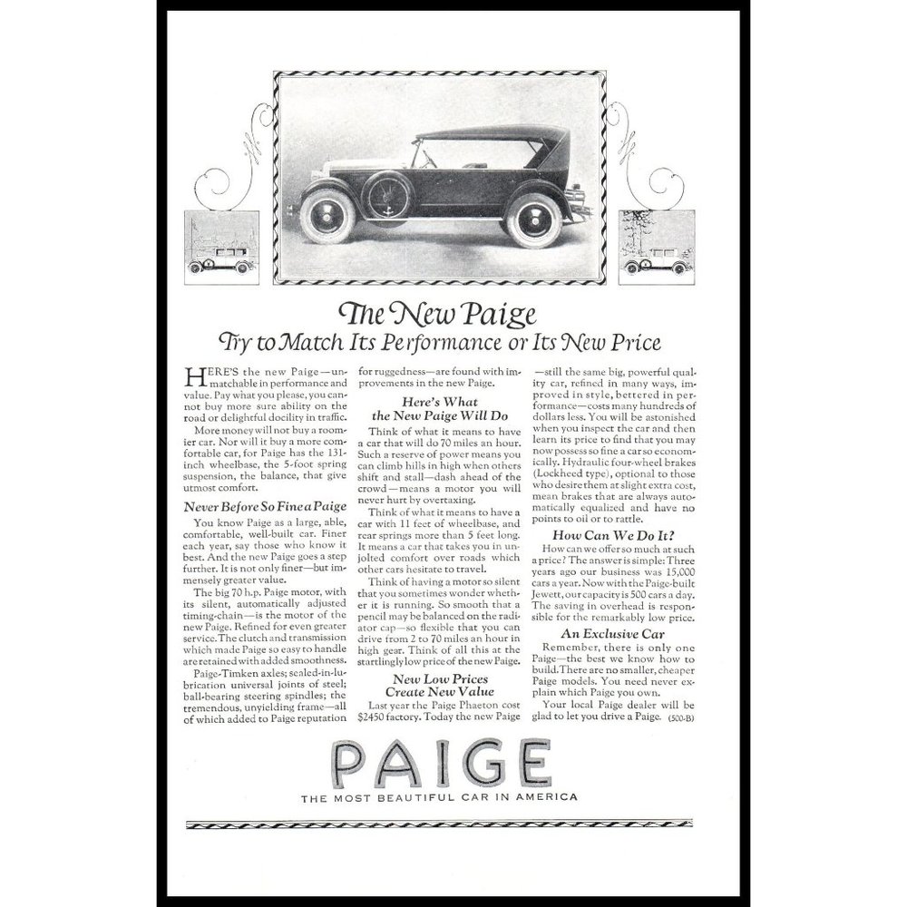 1924 Paige Convertible Antique Car Vintage Print Ad Man Cave Wall Art